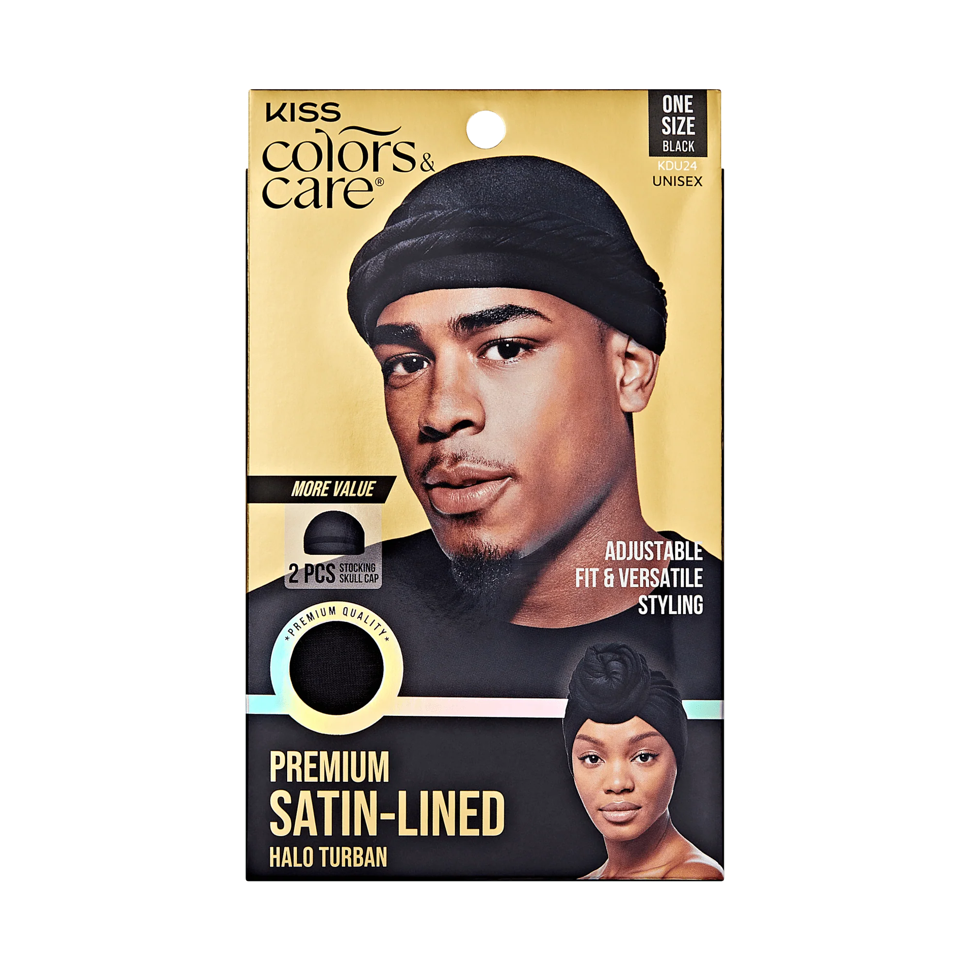 KISS Colors & Care Premium Satin-Lined Halo Turban & 2 Wave Cap, Black