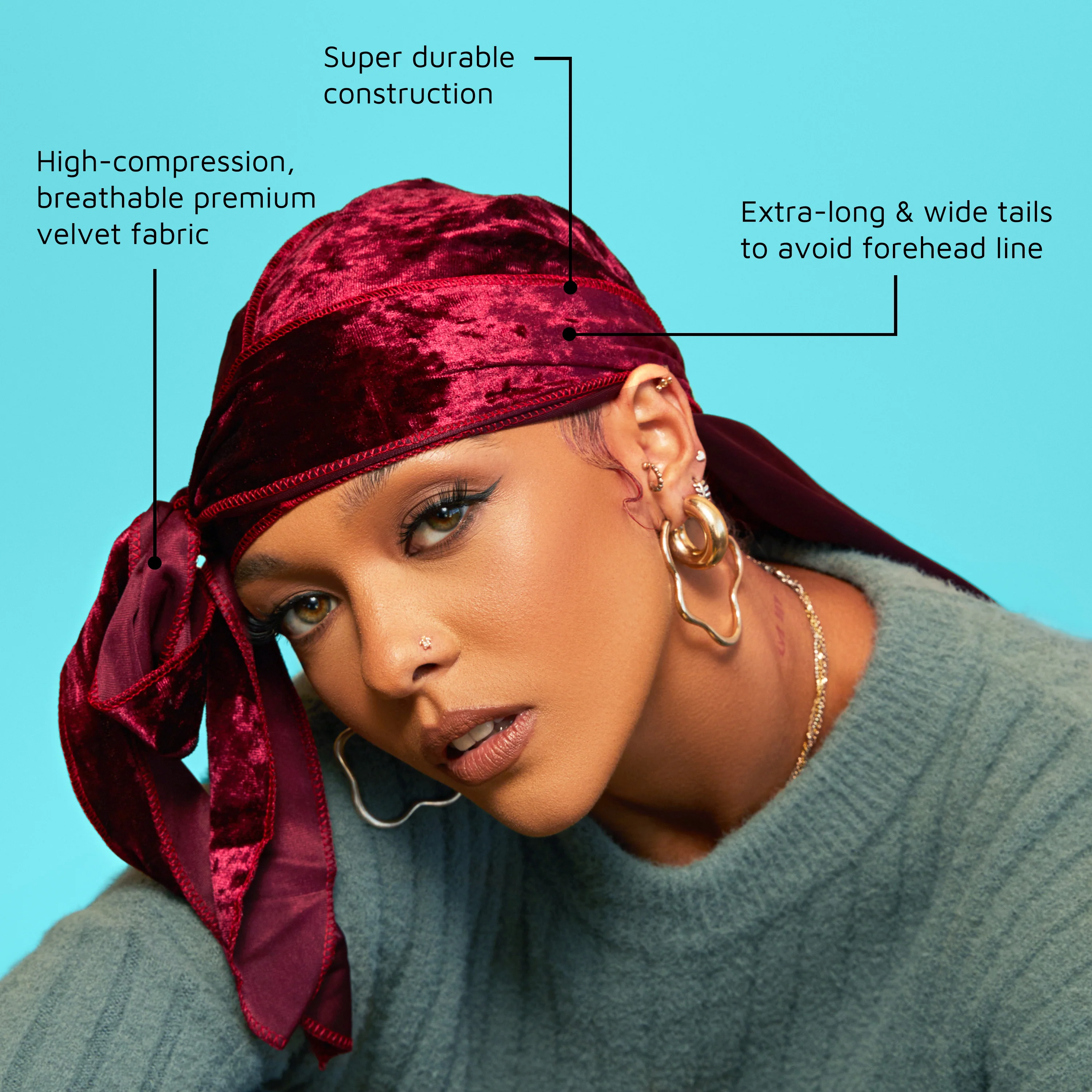 KISS Colors & Care Power Wave Velvet Luxe Durag, Burgundy - Image 8