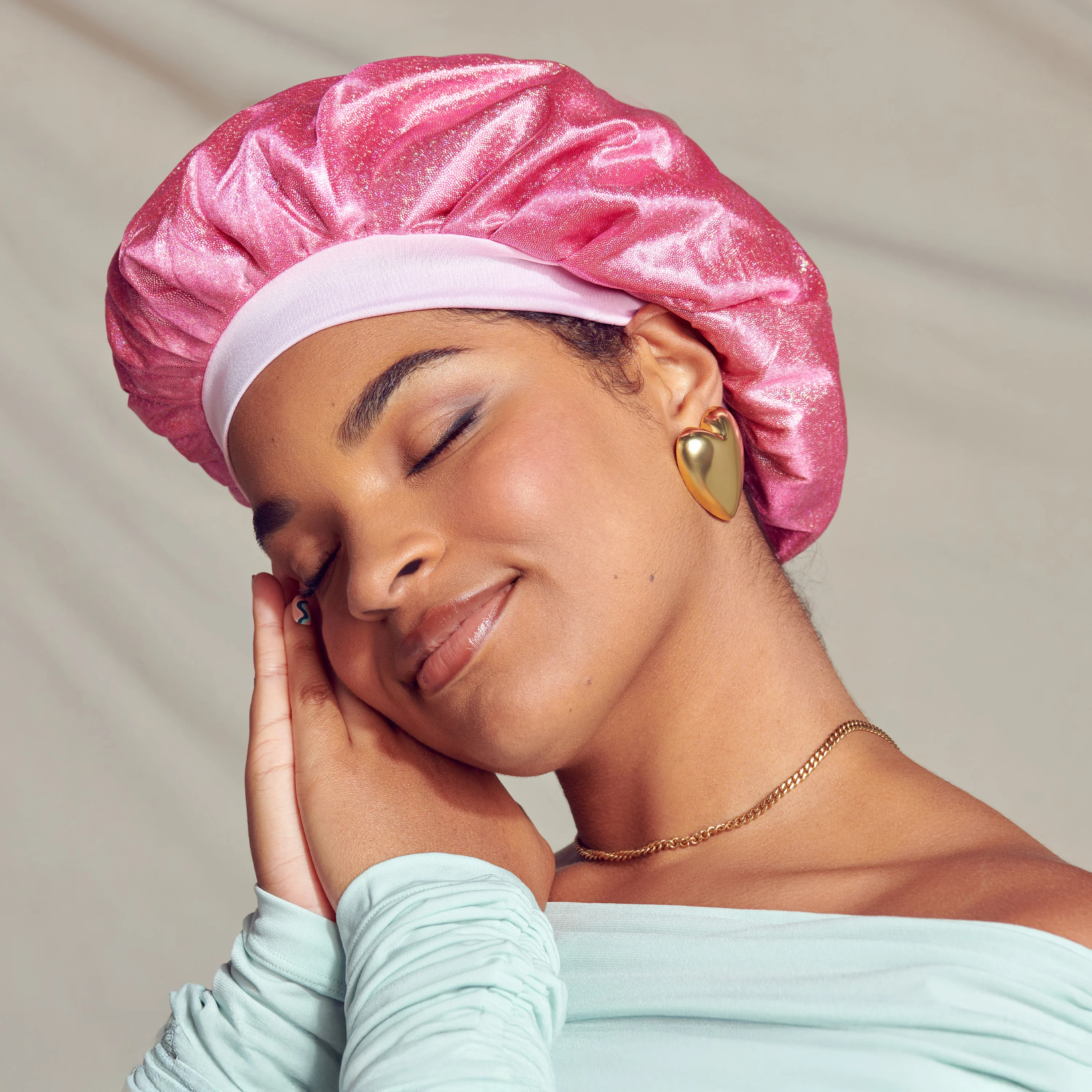 KISS Colors & Care Glamour Glitter Bonnet Cap, XL - Pink Pearl - Image 4