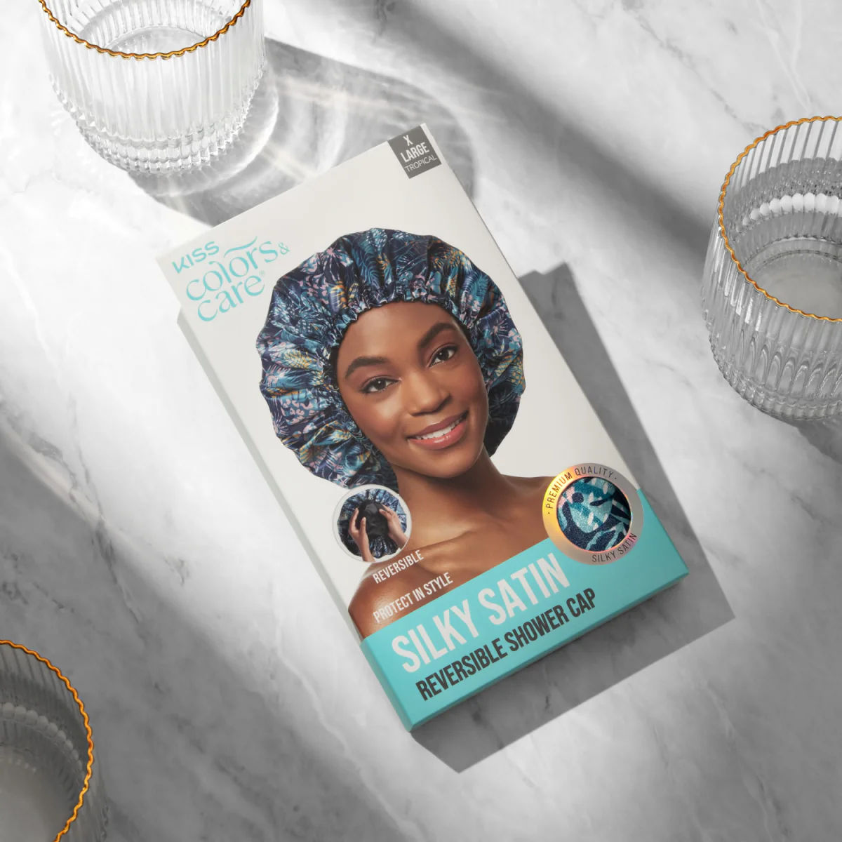 KISS Colors & Care Silky Satin Reversible Shower Cap - Tropical, X-Large - Image 2